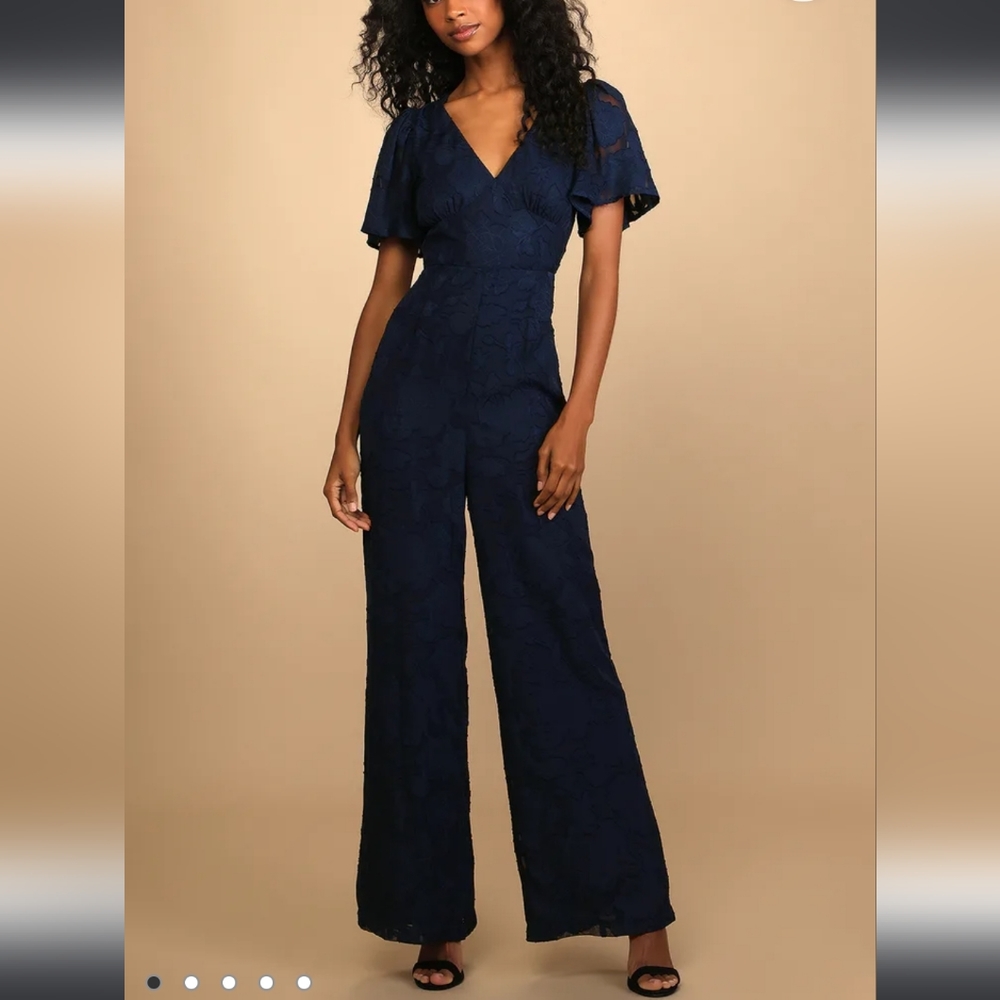 Lulus Special Love Navy Blue Floral Burnout Flutter Sleeve Jumpsuit - M